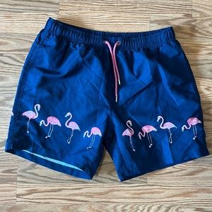 Franks Flamingo Swim Trunks Size L Blue Pink Lined Pockets short 5 in inseam